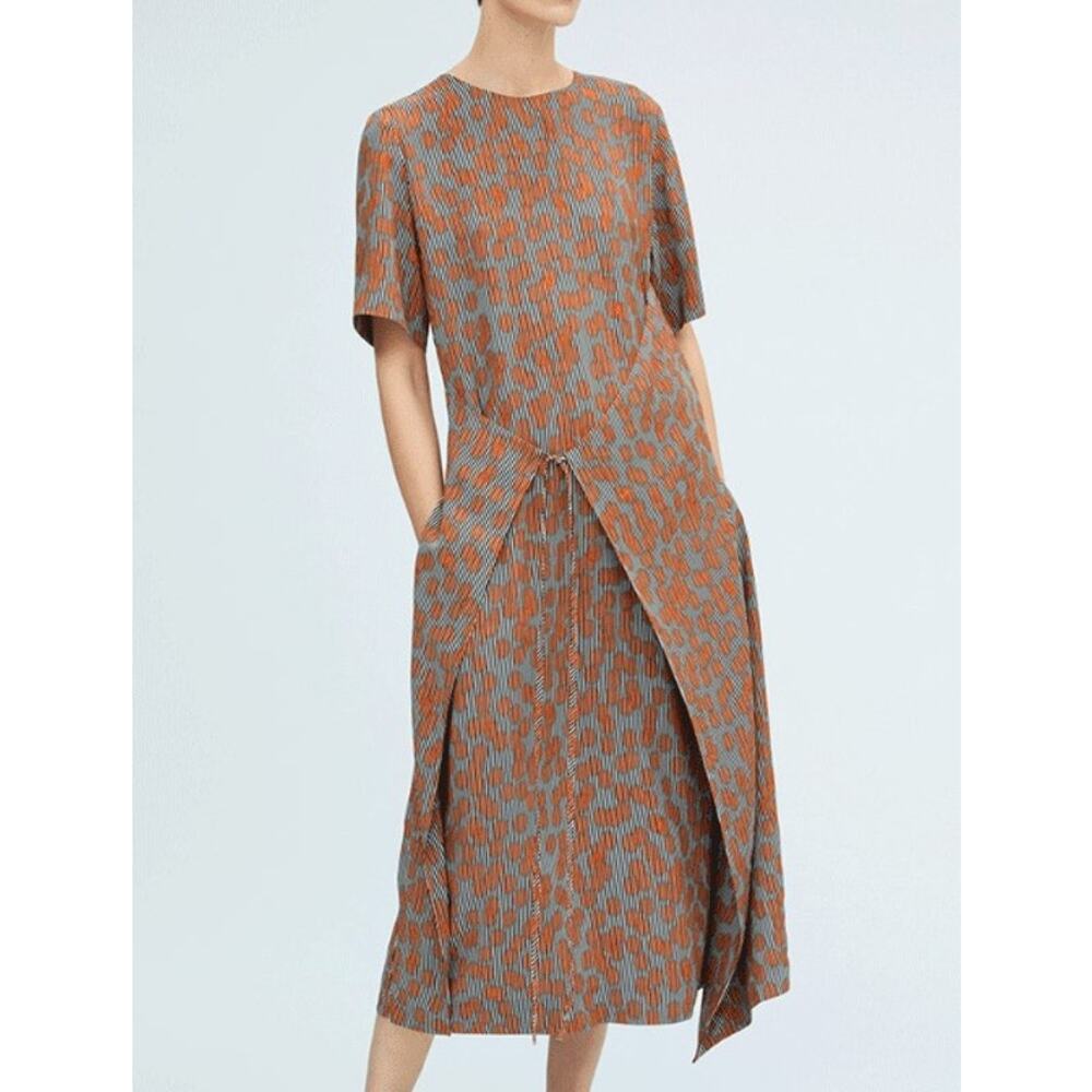 COSStripe & Dots Printed Asymmetric Tie Short Sleeve Midi Dress Size 2